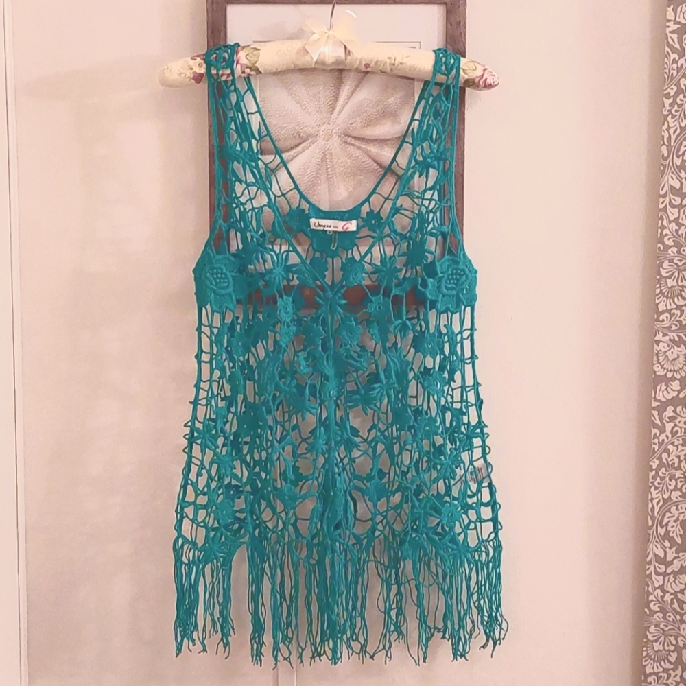 *Donated* Umgee turquoise floral lace vest with fringe fits Small